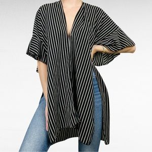 Black & White Striped Ruffle Kimono Sleeve Tie Front One Size Cardigan Coverup